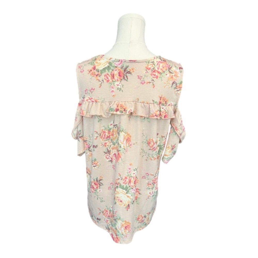 👚 EUC AMELIA JAMES Women’s Pink Yellow Green Floral Cold Shoulder Top | Size L - Picture 6 of 9